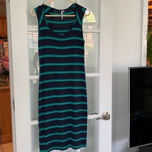 5/$20 Michael Stars midi dress size XS navy/aqua stripes, 94% rayon. Very soft.
